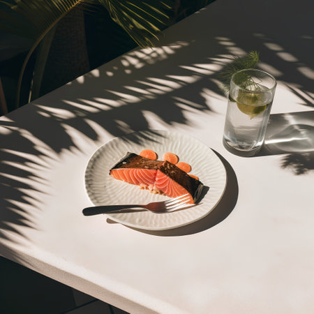 Sliced salmon on a white plate with a glass of lemonade on the table.の素材