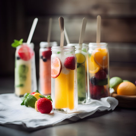 Mixed fruit smoothies in glass jars on rustic wooden background.の素材