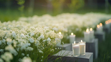 Wedding decoration with candles and white flowers in the garden.の素材