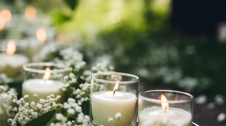 Burning candles in glass candlesticks with flowers on bokeh backgroundの素材