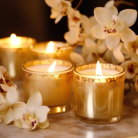 Burning candles with orchids on a table in a spaの素材