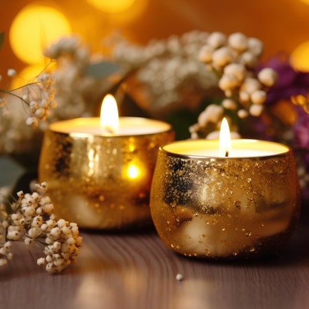 Burning candles with flowers on wooden table on bokeh backgroundの素材