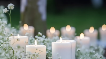 Candles in the garden with white flowers and green grass on backgroundの素材