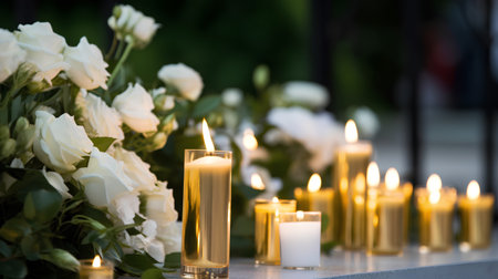Burning candles and white roses on a table in a wedding ceremonyの素材