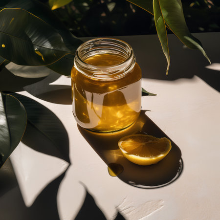 Jar of honey with lemon on a white background. Sunlight and shadows.の素材