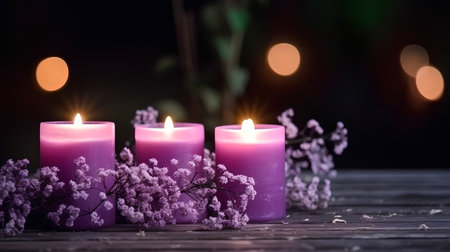 Candles with purple flowers on wooden table with bokeh backgroundの素材