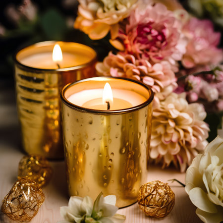 Burning candles in golden candlesticks with flowers on wooden tableの素材