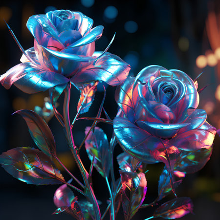 Beautiful blue and pink rose flowers on a dark background. 3d renderingの素材