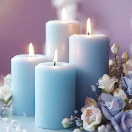 Burning candles and flowers on a blue background, toned imageの素材
