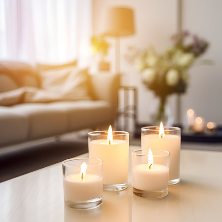Burning candles on table in living room, closeup. Space for textの素材