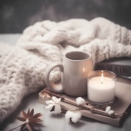 Cozy winter still life with coffee cup, candles, knitted scarf and cotton branch on gray backgroundの素材