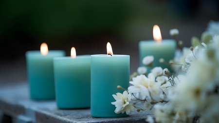 Candles in the garden with white flowers. Selective focus.の素材