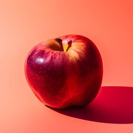 Red apple on a bright orange background. The concept of healthy eating.の素材