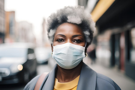 Young african american woman wearing medical mask in the city.の素材
