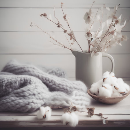 Cozy home interior with knitted scarf and cotton flowers on wooden backgroundの素材