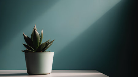 Indoor succulent plant in a pot on a blue wall backgroundの素材