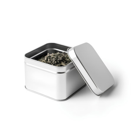 Dry tea leaves in metal box isolated on white background. 3d illustrationの素材