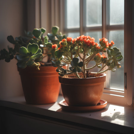 Flowers in clay pots on the windowsill. Home interior.の素材