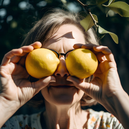 Woman in sunglasses with lemons in the garden. Selective focus.の素材