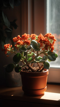 Beautiful succulent plant in a pot on a window sill.の素材