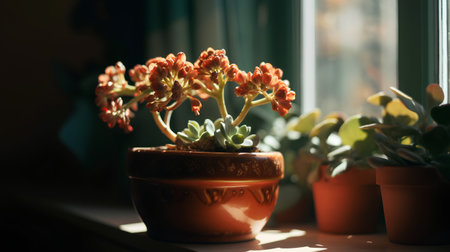 Small succulent plant in a pot on the windowsill. Selective focus.の素材