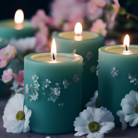Candles with daisies and chamomile flowers on wooden backgroundの素材