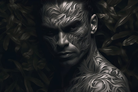 Fantasy portrait of a man with an alien bodyart on a dark backgroundの素材