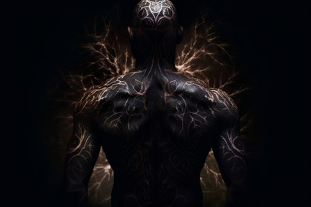 Tattooed male body with glowing veins on a dark backgroundの素材