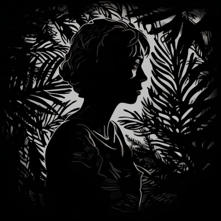 Silhouette of a boy on a background of palm leaves.の素材