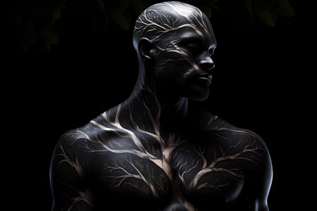 Man with tattooed body and body art over black background. 3D illustration.の素材