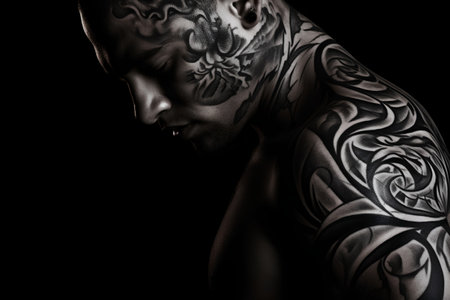 Tattooed man with black body art over black background.の素材