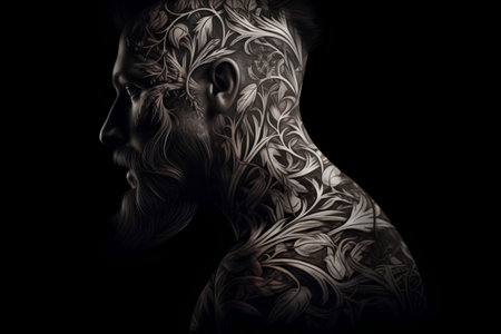 Portrait of a beautiful woman with tattoo art on her body.の素材