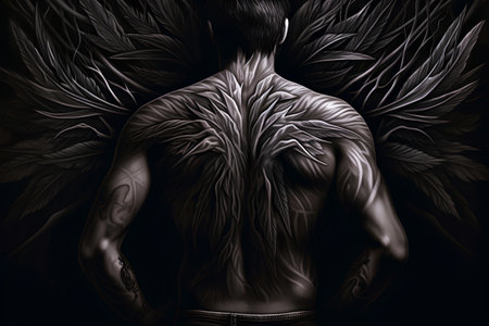 Man with naked torso on dark background. 3D illustration. Toned.の素材