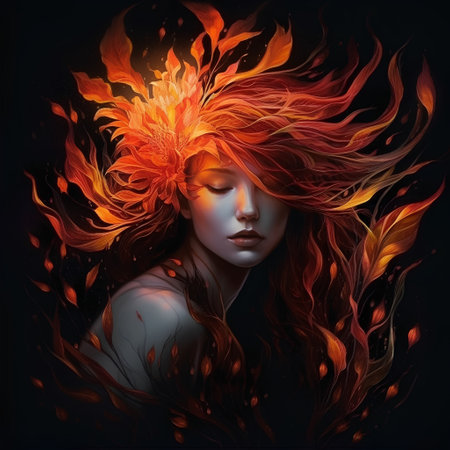 Beautiful woman with a flower in her hair on a dark backgroundの素材