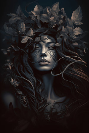 Portrait of a beautiful woman with fantasy make-up and flowersの素材