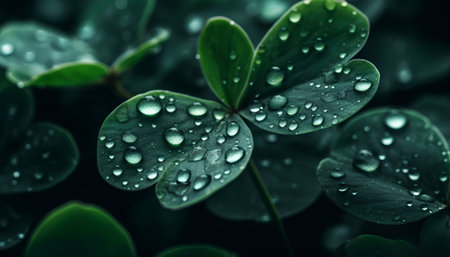 Green clover leaves with water drops close up. Nature background.の素材