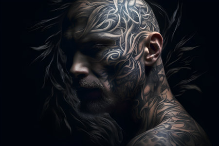 Portrait of a man with tattoos on his body. Tattoo art.の素材