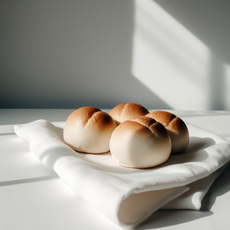 Freshly baked buns on a white napkin on a light backgroundの素材