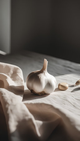 Garlic on a linen tablecloth. Black and white photo.の素材