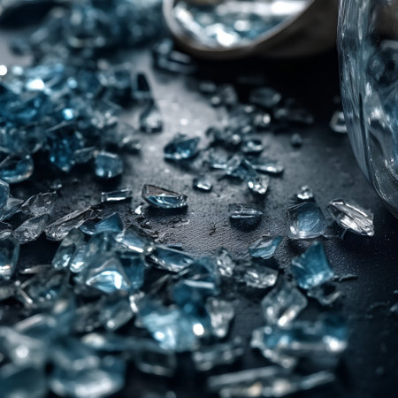 Broken glass on black background. Shallow depth of field.の素材