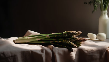 Fresh green asparagus on the table in a rustic styleの素材