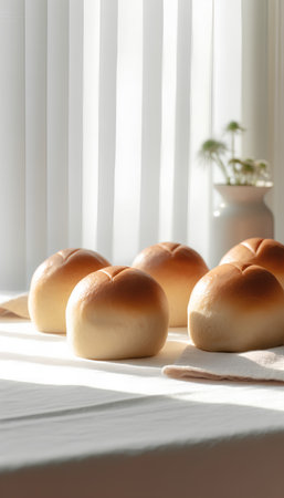 Freshly baked buns on a white table in the sunlight.の素材