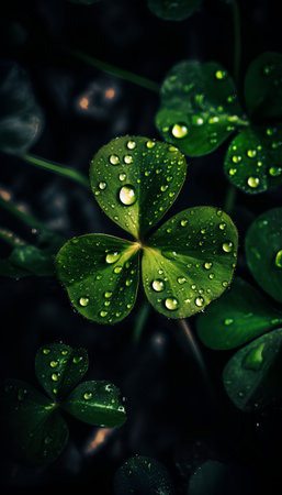 Green clover leaves with water drops close up. Saint Patrick's day backgroundの素材