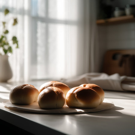 Freshly baked buns on the table in the kitchen. Selective focus.の素材