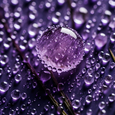 Water drops on the petals of a flower with a purple backgroundの素材