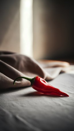 Red hot chili pepper on linen tablecloth, shallow depth of fieldの素材