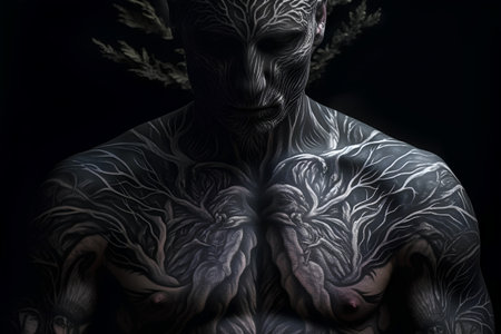 A closeup shot of a tattooed man with a black backgroundの素材