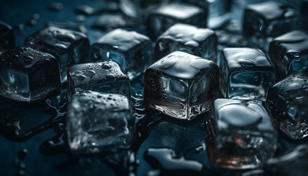 Ice cubes on dark blue background. Shallow depth of field. Toned.の素材