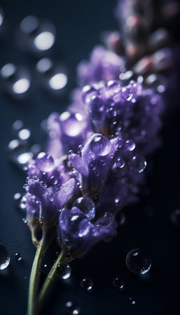 Lavender flowers with water drops on black background. Shallow DOFの素材