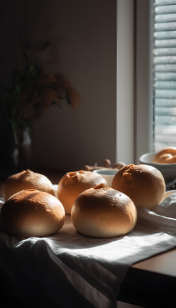 Freshly baked buns on a table in the kitchen. Selective focus.の素材